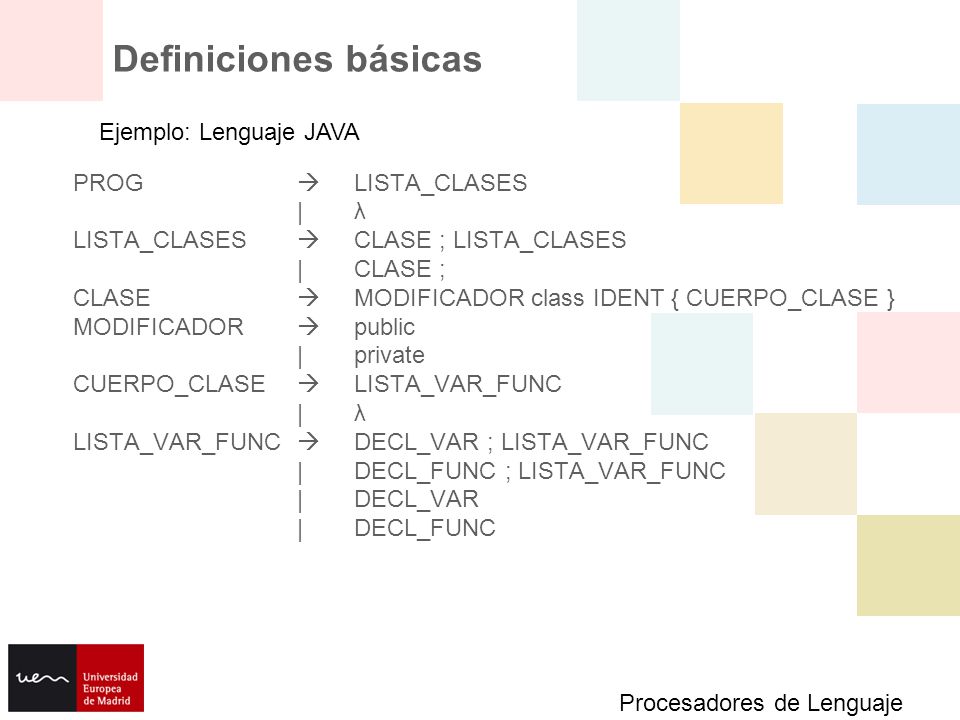Definiciones básicas Ejemplo: Lenguaje JAVA PROG  LISTA_CLASES | λ