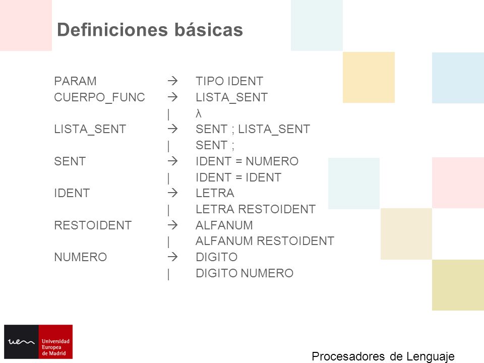 Definiciones básicas PARAM  TIPO IDENT CUERPO_FUNC  LISTA_SENT | λ
