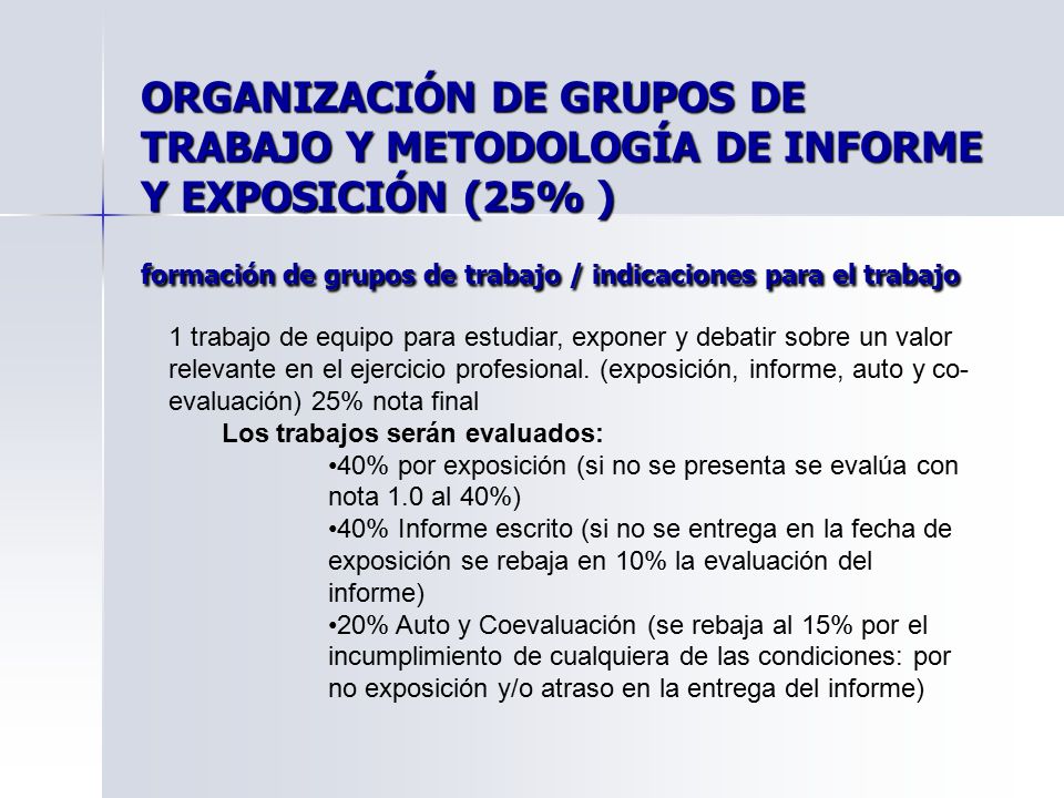 ORGANIZACIÓN DE GRUPOS DE TRABAJO Y METODOLOGÍA DE INFORME Y EXPOSICIÓN (25% ) formación de grupos de trabajo / indicaciones para el trabajo