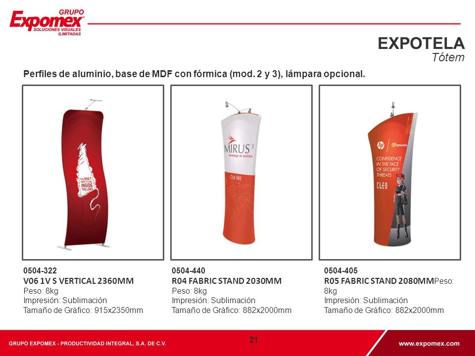 EXPOTELA Tótem. Perfiles de aluminio, base de MDF con fórmica (mod. 2 y 3), lámpara opcional