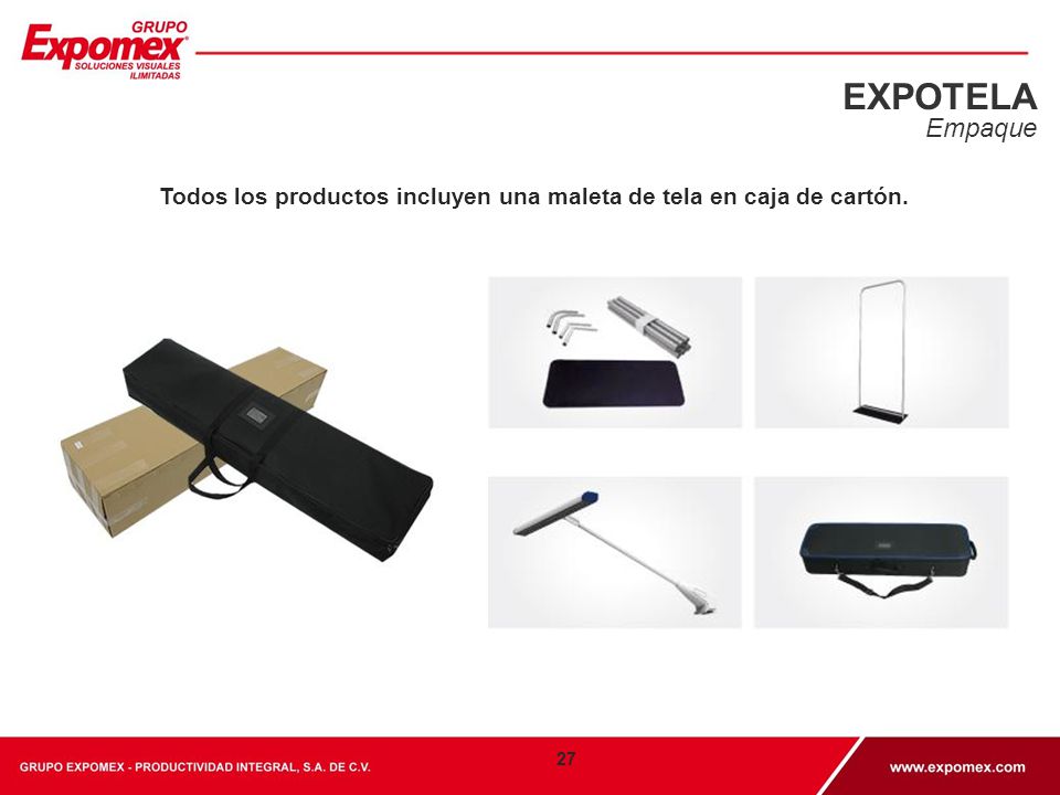Todos los productos incluyen una maleta de tela en caja de cartón.