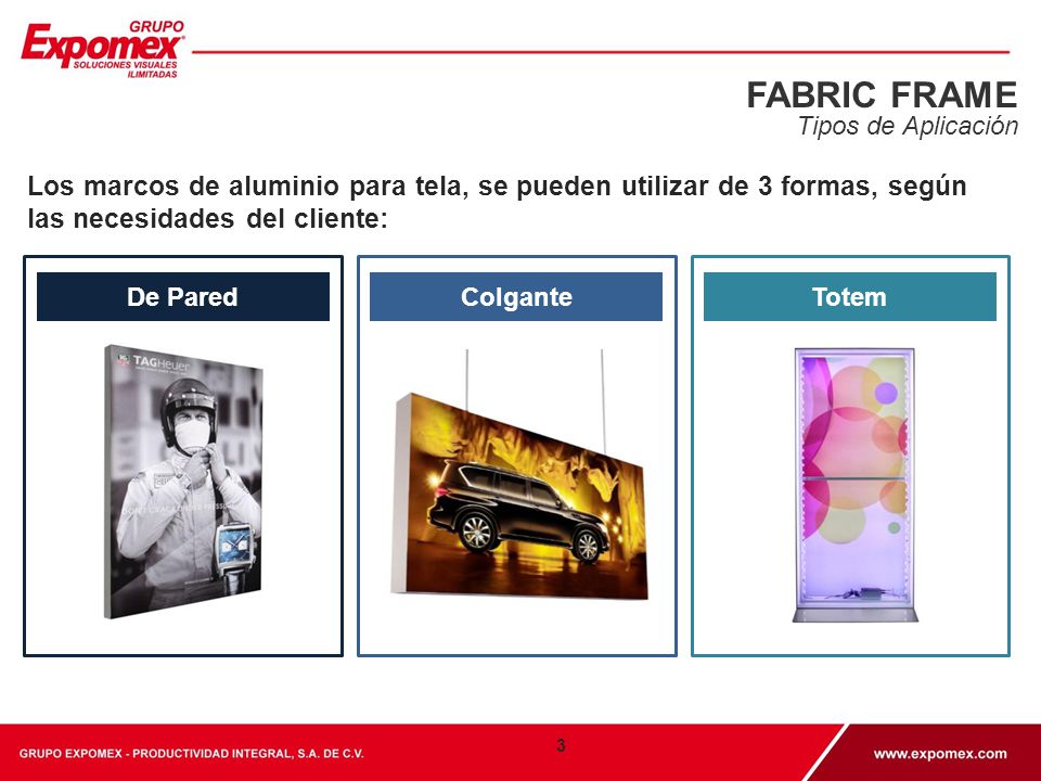 FABRIC FRAME Tipos de Aplicación. Los marcos de aluminio para tela, se pueden utilizar de 3 formas, según las necesidades del cliente: