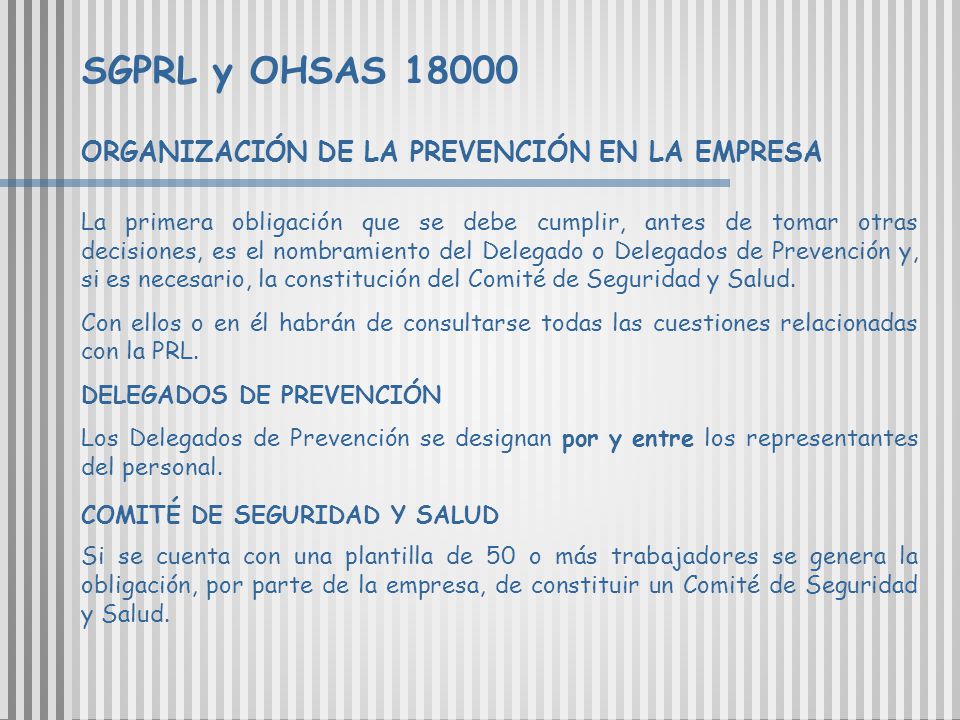 SGPRL y OHSAS ORGANIZACIÓN DE LA PREVENCIÓN EN LA EMPRESA