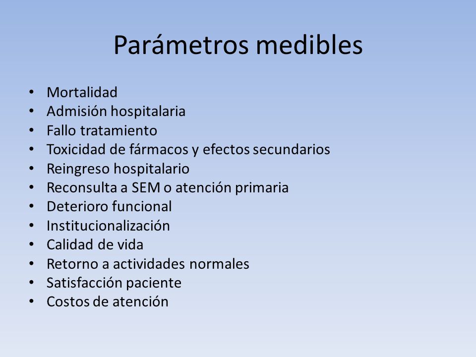 Parámetros medibles Mortalidad Admisión hospitalaria Fallo tratamiento