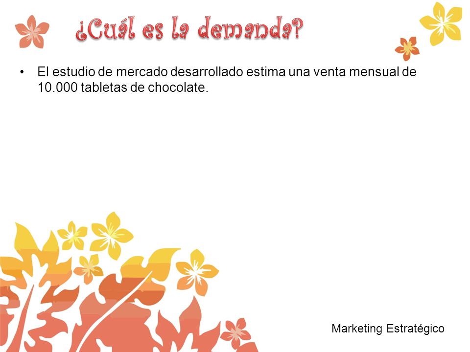 ¿Cuál es la demanda El estudio de mercado desarrollado estima una venta mensual de tabletas de chocolate.