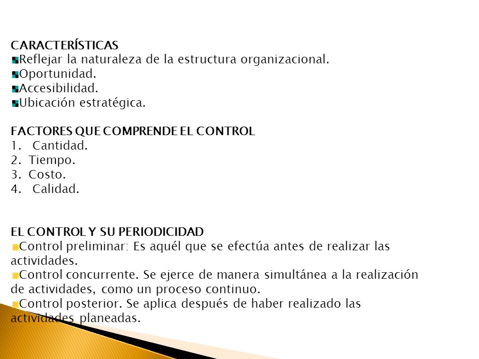 CARACTERÍSTICAS Reflejar la naturaleza de la estructura organizacional. Oportunidad. Accesibilidad.