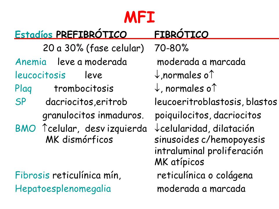 MFI Estadíos PREFIBRÓTICO FIBRÓTICO 20 a 30% (fase celular) 70-80%