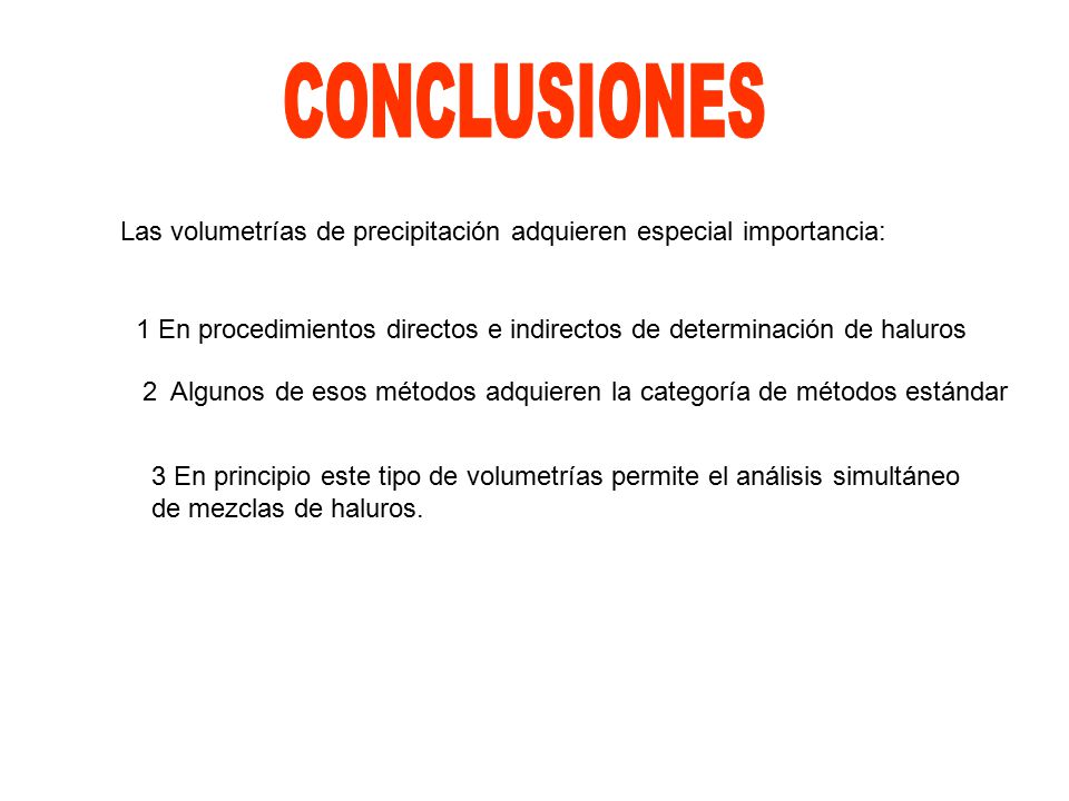 CONCLUSIONES Las volumetrías de precipitación adquieren especial importancia: 1 En procedimientos directos e indirectos de determinación de haluros.