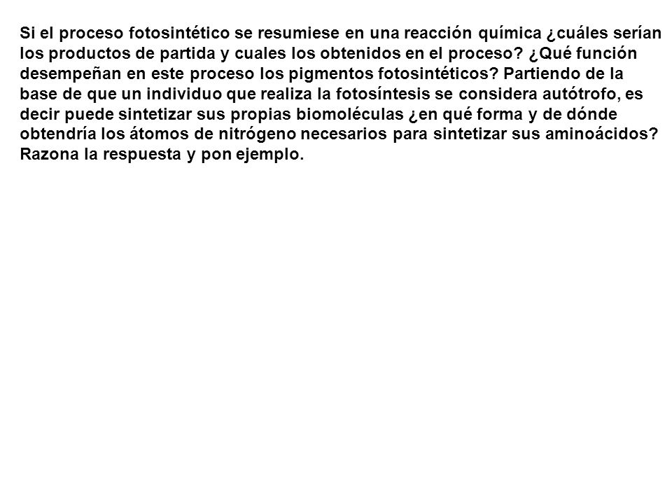 Si el proceso fotosintético se resumiese en una reacción química ¿cuáles serían los productos de partida y cuales los obtenidos en el proceso.