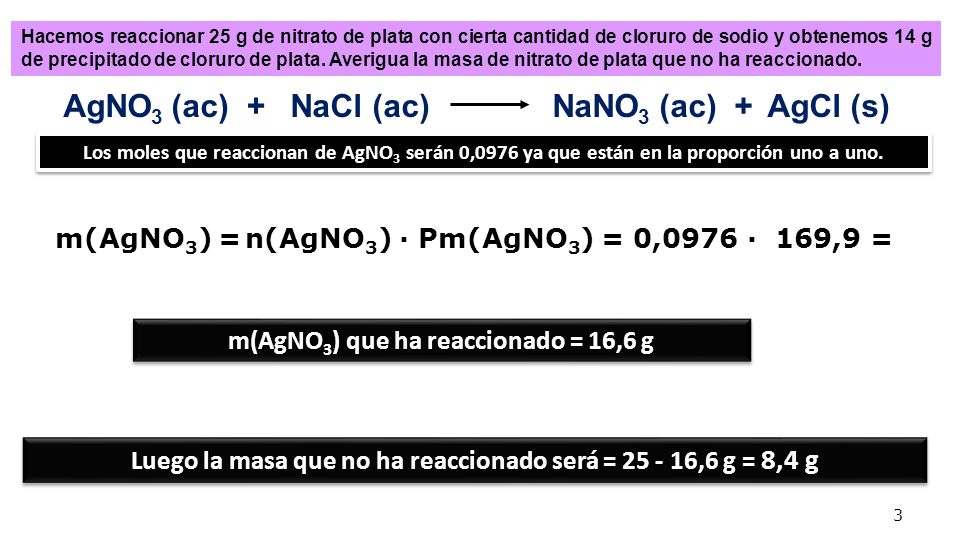 AgNO3 (ac) + NaCl (ac) NaNO3 (ac) + AgCl (s)