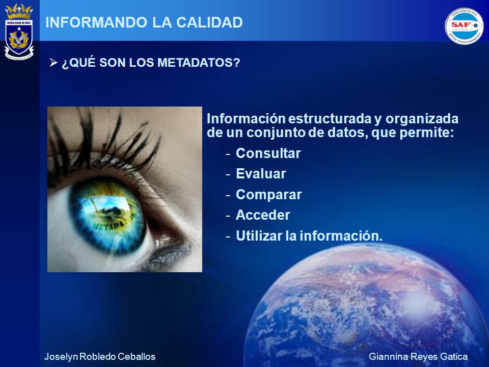INFORMANDO LA CALIDAD ¿QUÉ SON LOS METADATOS Información estructurada y organizada de un conjunto de datos, que permite: