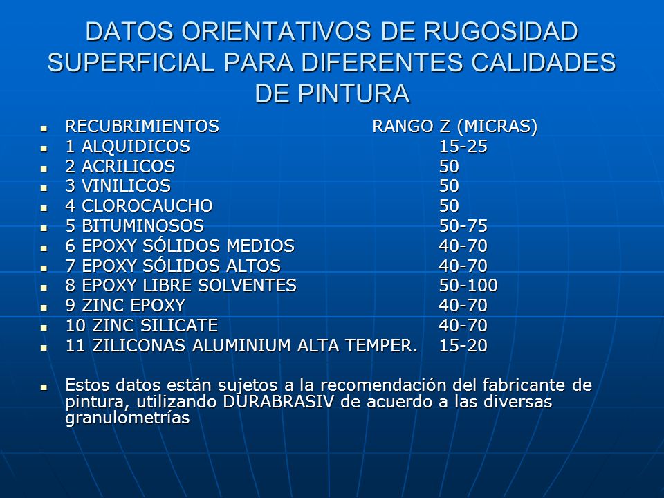 DATOS ORIENTATIVOS DE RUGOSIDAD SUPERFICIAL PARA DIFERENTES CALIDADES DE PINTURA