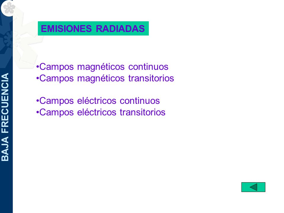 EMISIONES RADIADAS Campos magnéticos continuos. Campos magnéticos transitorios. Campos eléctricos continuos.