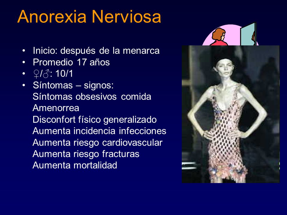 Anorexia Nerviosa Inicio: después de la menarca Promedio 17 años