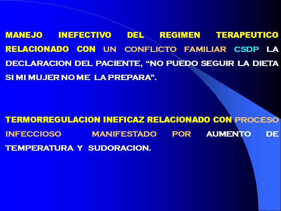 MANEJO INEFECTIVO DEL REGIMEN TERAPEUTICO RELACIONADO CON UN CONFLICTO FAMILIAR CSDP LA DECLARACION DEL PACIENTE, NO PUEDO SEGUIR LA DIETA SI MI MUJER NO ME LA PREPARA .