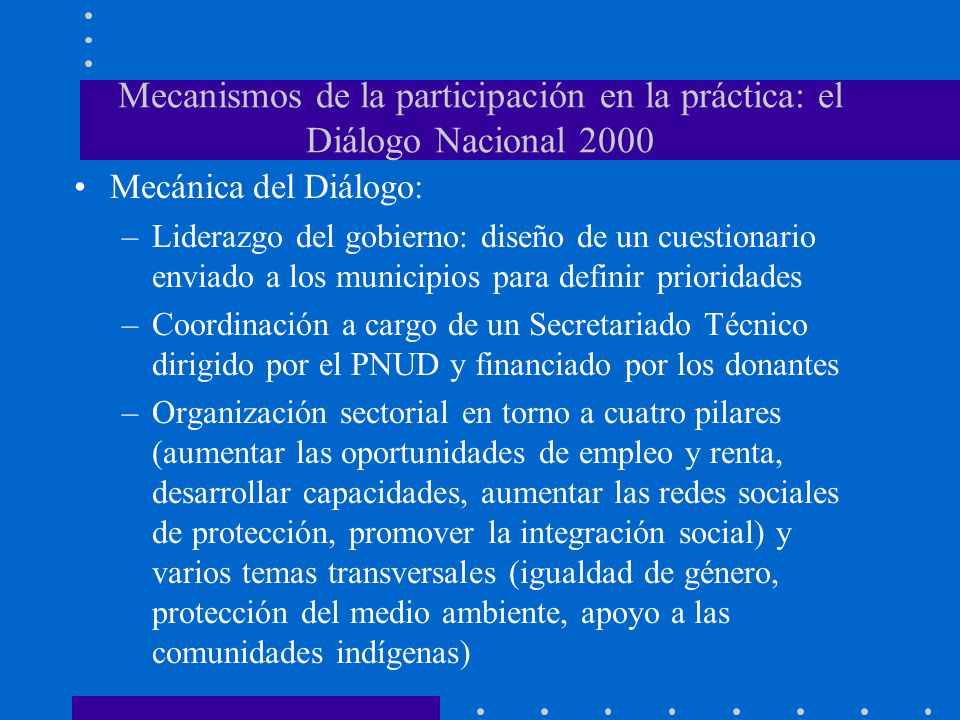 Mecanismos de la participación en la práctica: el Diálogo Nacional 2000