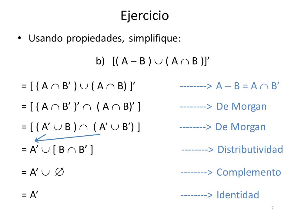 Ejercicio Usando propiedades, simplifique: [( A  B )  ( A  B )]’