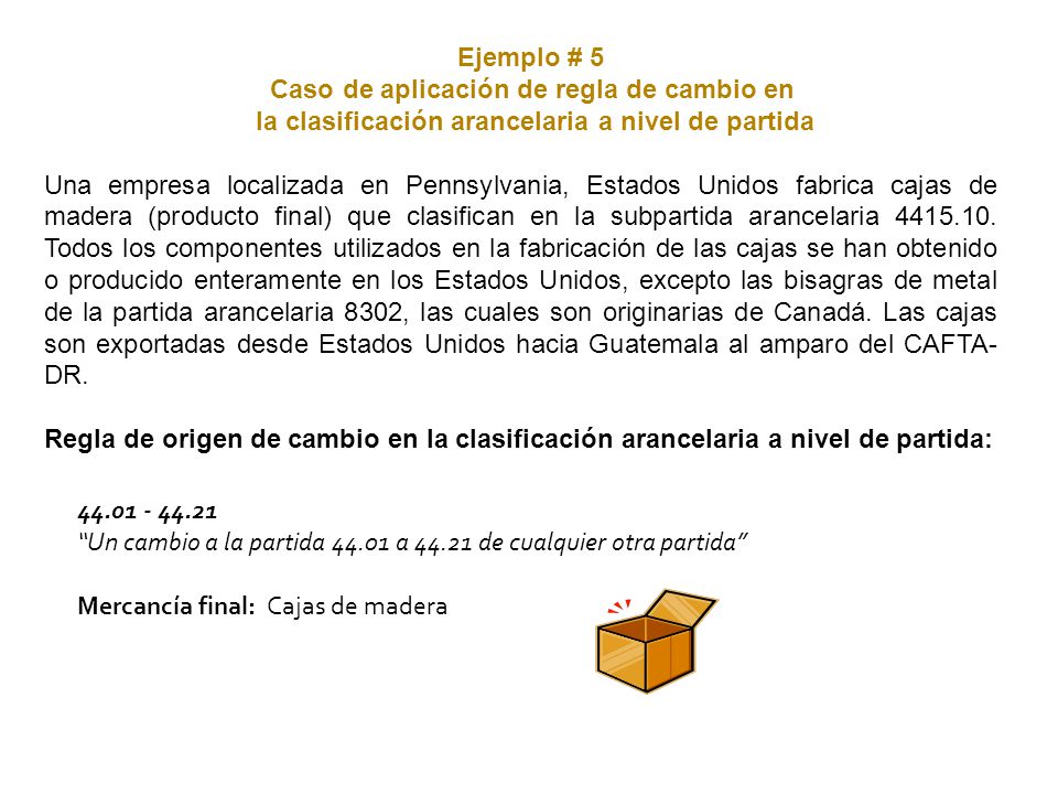 Ejemplo # 5 Caso de aplicación de regla de cambio en. la clasificación arancelaria a nivel de partida.