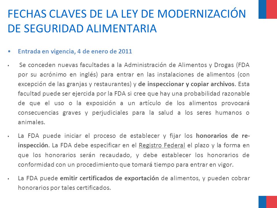FECHAS CLAVES DE LA LEY DE MODERNIZACIÓN DE SEGURIDAD ALIMENTARIA