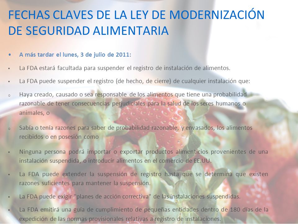 FECHAS CLAVES DE LA LEY DE MODERNIZACIÓN DE SEGURIDAD ALIMENTARIA