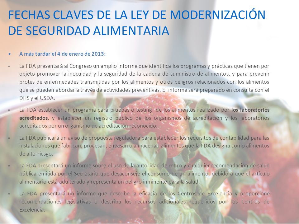 FECHAS CLAVES DE LA LEY DE MODERNIZACIÓN DE SEGURIDAD ALIMENTARIA