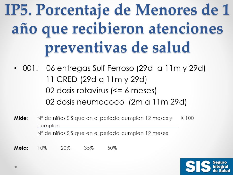IP5. Porcentaje de Menores de 1 año que recibieron atenciones preventivas de salud