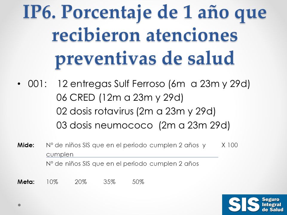 IP6. Porcentaje de 1 año que recibieron atenciones preventivas de salud