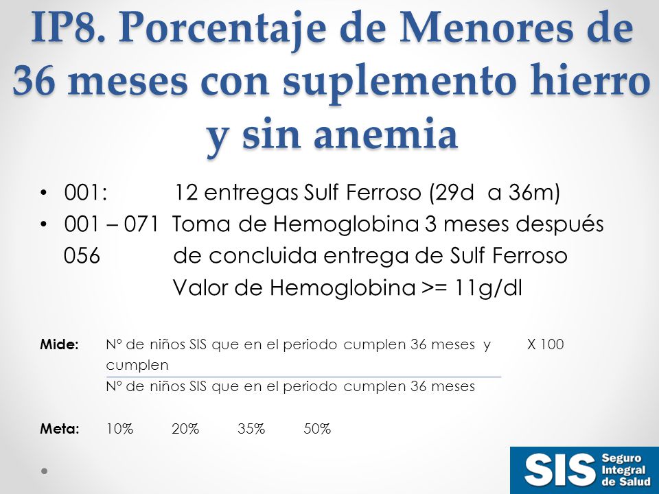 IP8. Porcentaje de Menores de 36 meses con suplemento hierro y sin anemia