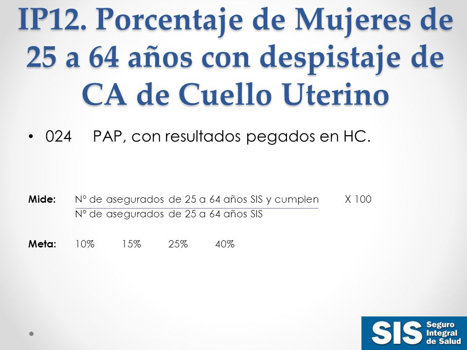 IP12. Porcentaje de Mujeres de 25 a 64 años con despistaje de CA de Cuello Uterino