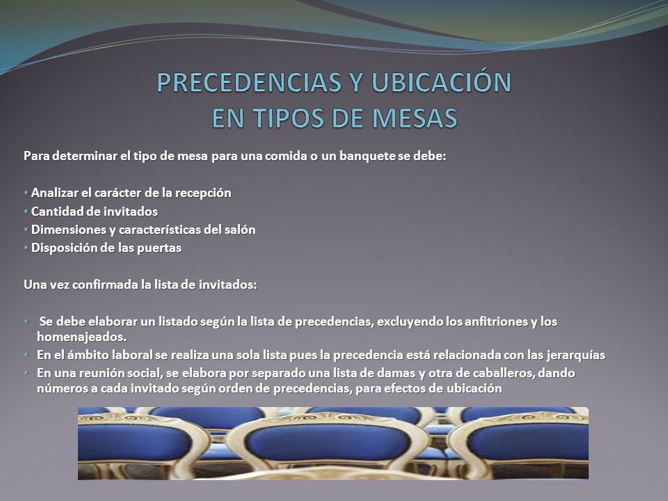 PRECEDENCIAS Y UBICACIÓN EN TIPOS DE MESAS