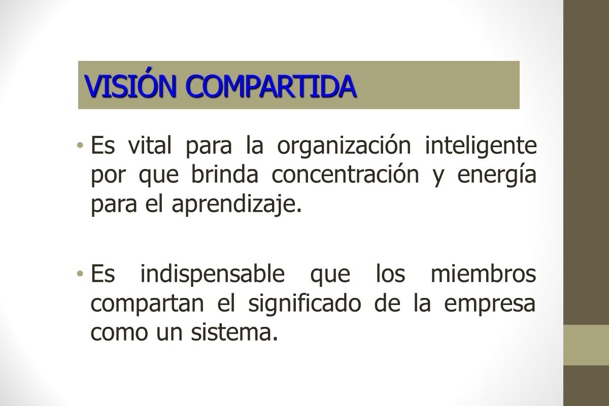 VISIÓN COMPARTIDA Es vital para la organización inteligente por que brinda concentración y energía para el aprendizaje.