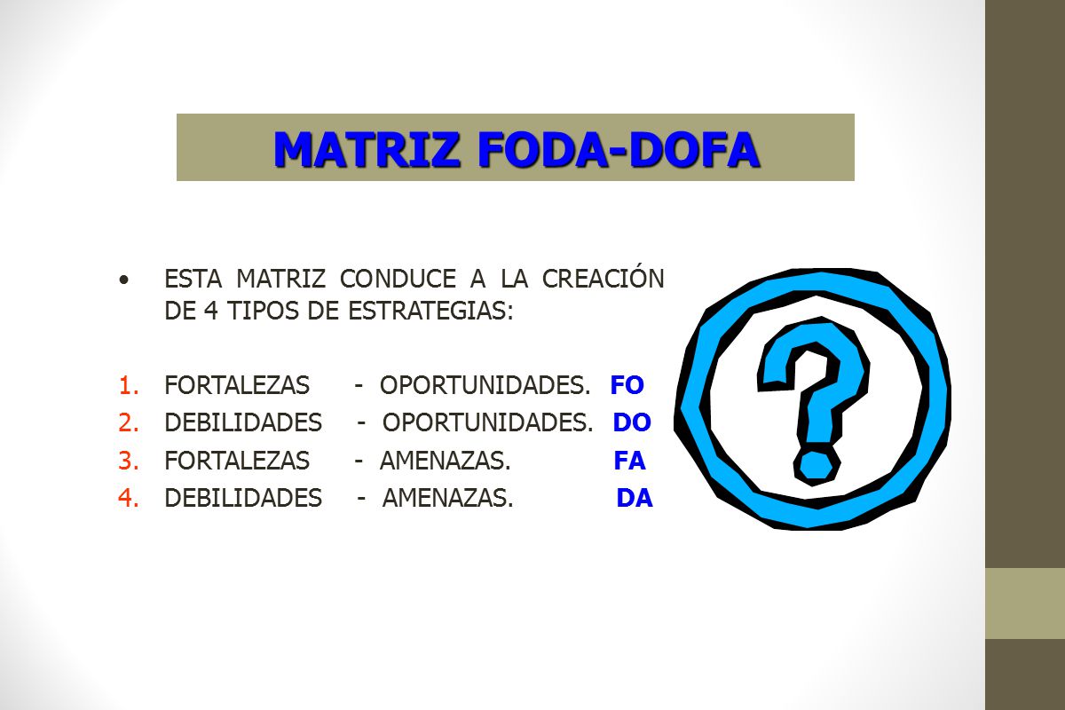 MATRIZ FODA-DOFA ESTA MATRIZ CONDUCE A LA CREACIÓN DE 4 TIPOS DE ESTRATEGIAS: FORTALEZAS - OPORTUNIDADES. FO.