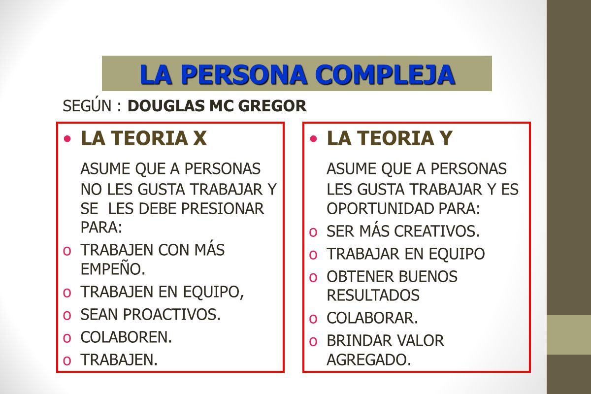 LA PERSONA COMPLEJA SEGÚN : DOUGLAS MC GREGOR. LA TEORIA X. ASUME QUE A PERSONAS NO LES GUSTA TRABAJAR Y SE LES DEBE PRESIONAR PARA:
