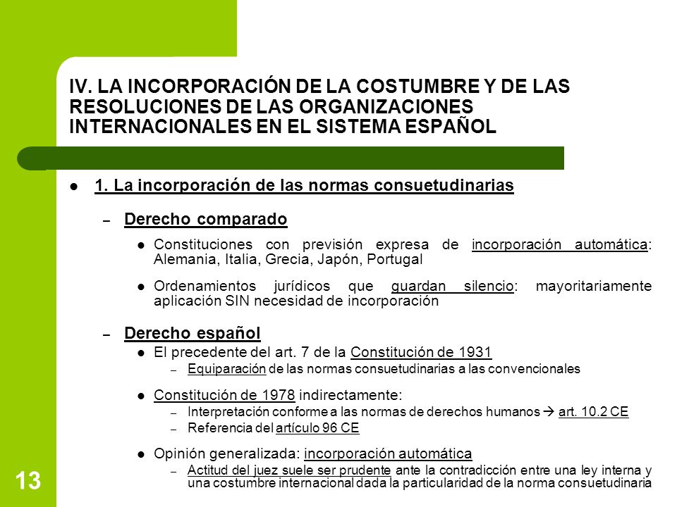 IV. LA INCORPORACIÓN DE LA COSTUMBRE Y DE LAS RESOLUCIONES DE LAS ORGANIZACIONES INTERNACIONALES EN EL SISTEMA ESPAÑOL