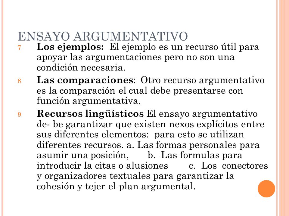 ENSAYO ARGUMENTATIVO Los ejemplos: El ejemplo es un recurso útil para apoyar las argumentaciones pero no son una condición necesaria.
