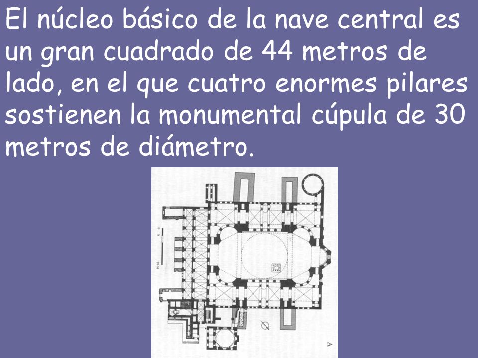 El núcleo básico de la nave central es un gran cuadrado de 44 metros de lado, en el que cuatro enormes pilares sostienen la monumental cúpula de 30 metros de diámetro.