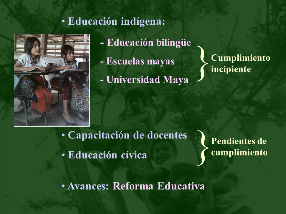 } } Educación indígena: - Educación bilingüe Capacitación de docentes