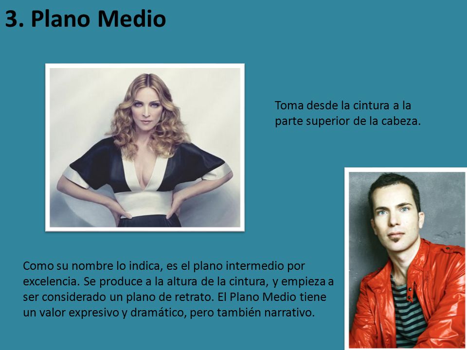 3. Plano Medio Toma desde la cintura a la parte superior de la cabeza.