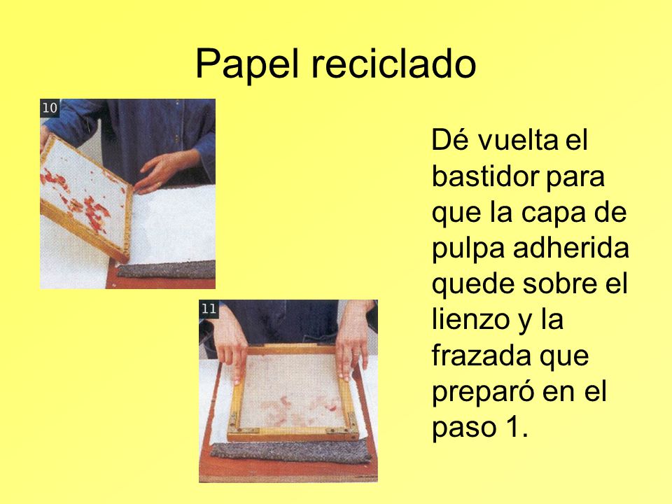 Papel reciclado Dé vuelta el bastidor para que la capa de pulpa adherida quede sobre el lienzo y la frazada que preparó en el paso 1.