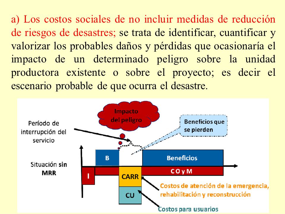 a) Los costos sociales de no incluir medidas de reducción de riesgos de desastres; se trata de identificar, cuantificar y valorizar los probables daños y pérdidas que ocasionaría el impacto de un determinado peligro sobre la unidad productora existente o sobre el proyecto; es decir el escenario probable de que ocurra el desastre.