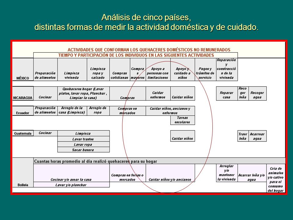 Análisis de cinco países, distintas formas de medir la actividad doméstica y de cuidado.