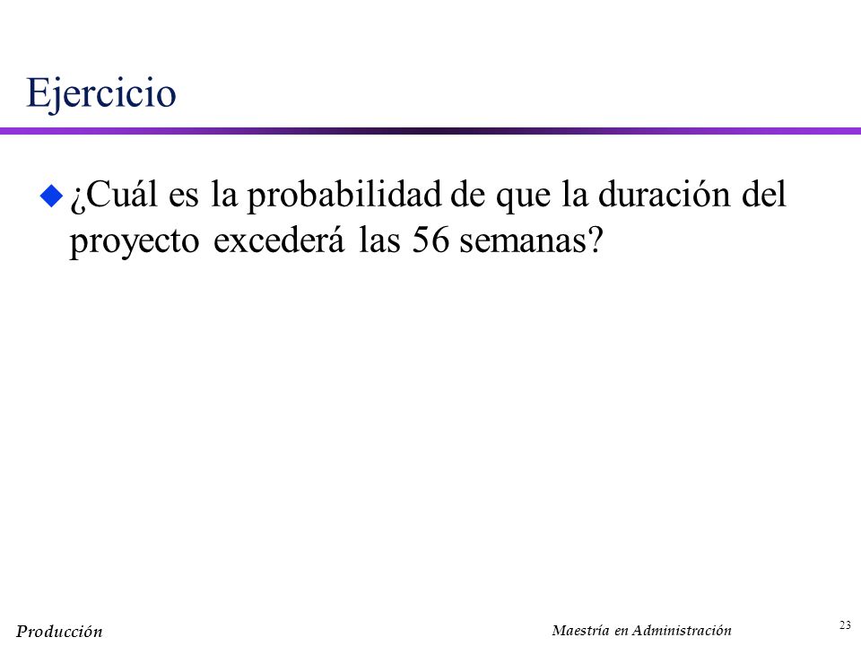 Ejercicio ¿Cuál es la probabilidad de que la duración del proyecto excederá las 56 semanas 23 30