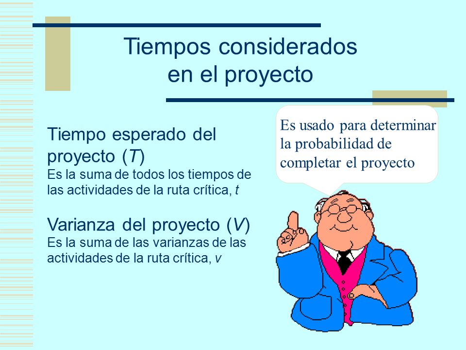 Tiempos considerados en el proyecto Tiempo esperado del proyecto (T)