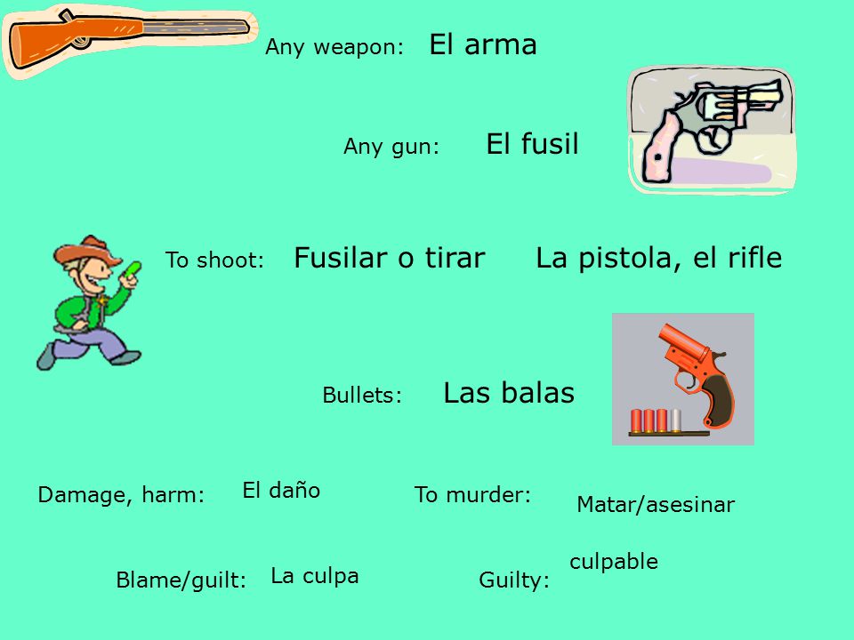 El arma El fusil Fusilar o tirar La pistola, el rifle Las balas