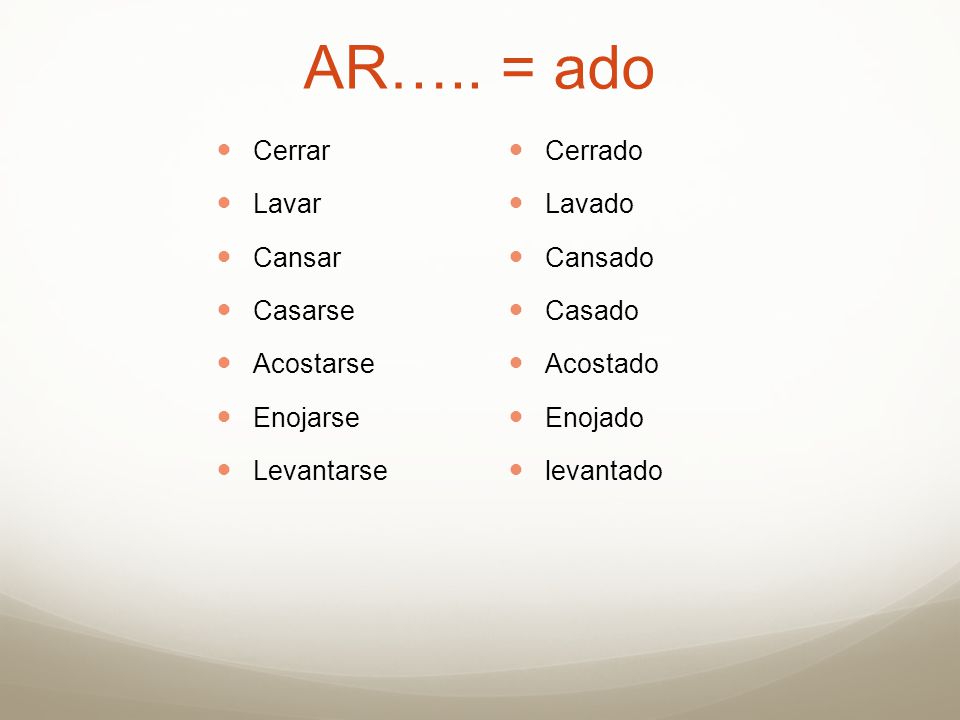 AR….. = ado Cerrar Lavar Cansar Casarse Acostarse Enojarse Levantarse