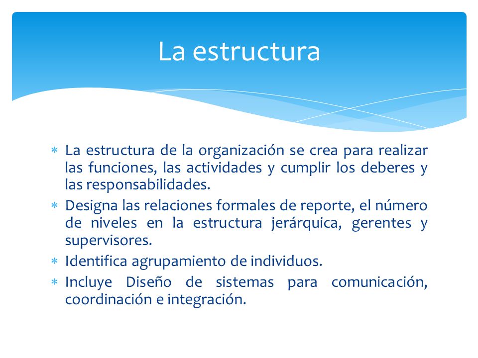 La estructura La estructura de la organización se crea para realizar las funciones, las actividades y cumplir los deberes y las responsabilidades.