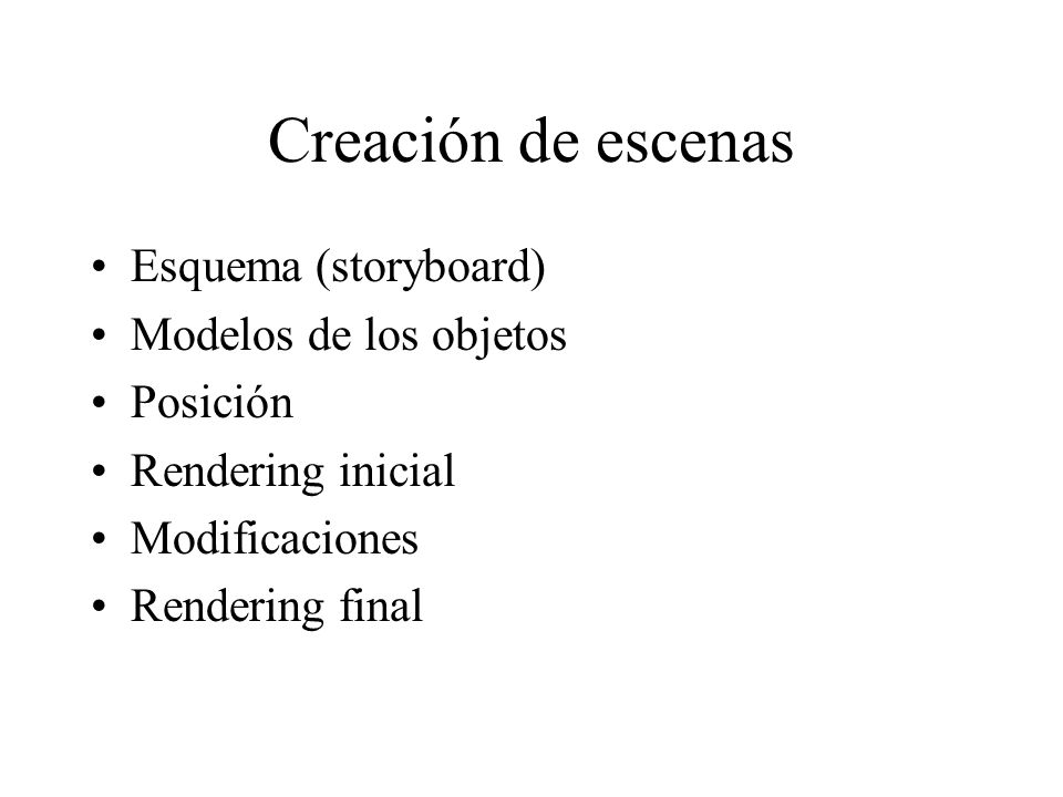 Creación de escenas Esquema (storyboard) Modelos de los objetos