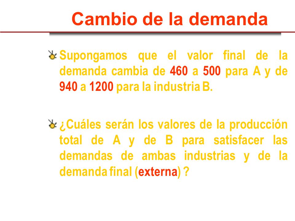 Cambio de la demanda Supongamos que el valor final de la demanda cambia de 460 a 500 para A y de 940 a 1200 para la industria B.