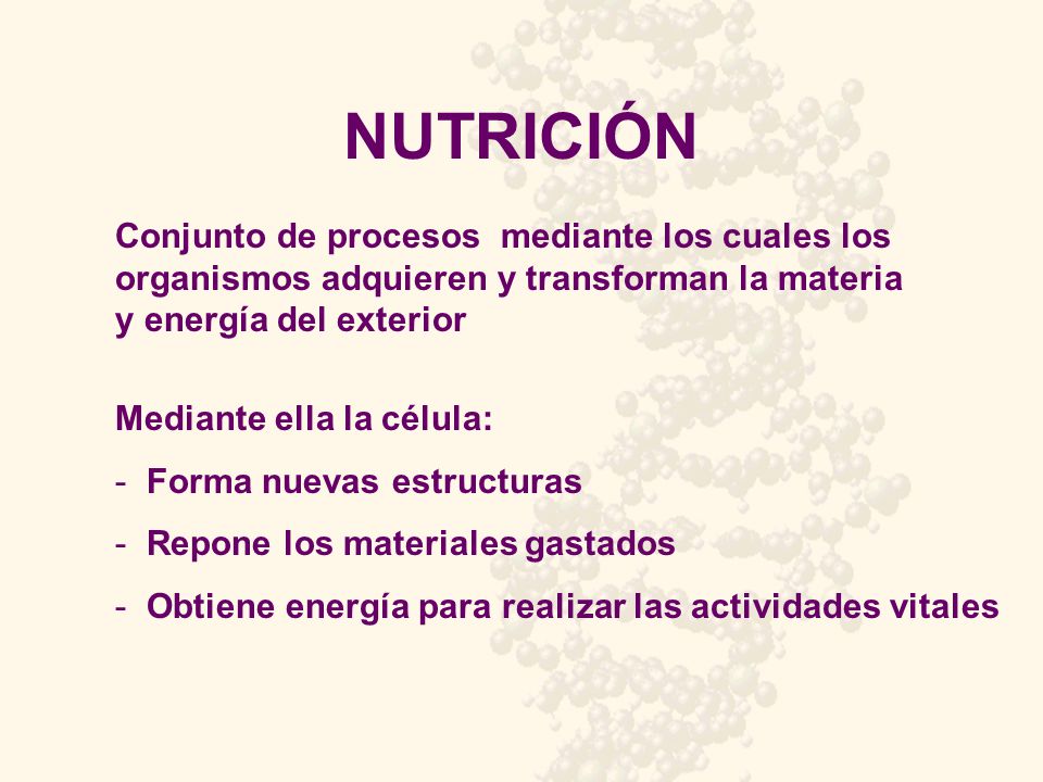 NUTRICIÓN Conjunto de procesos mediante los cuales los organismos adquieren y transforman la materia y energía del exterior.