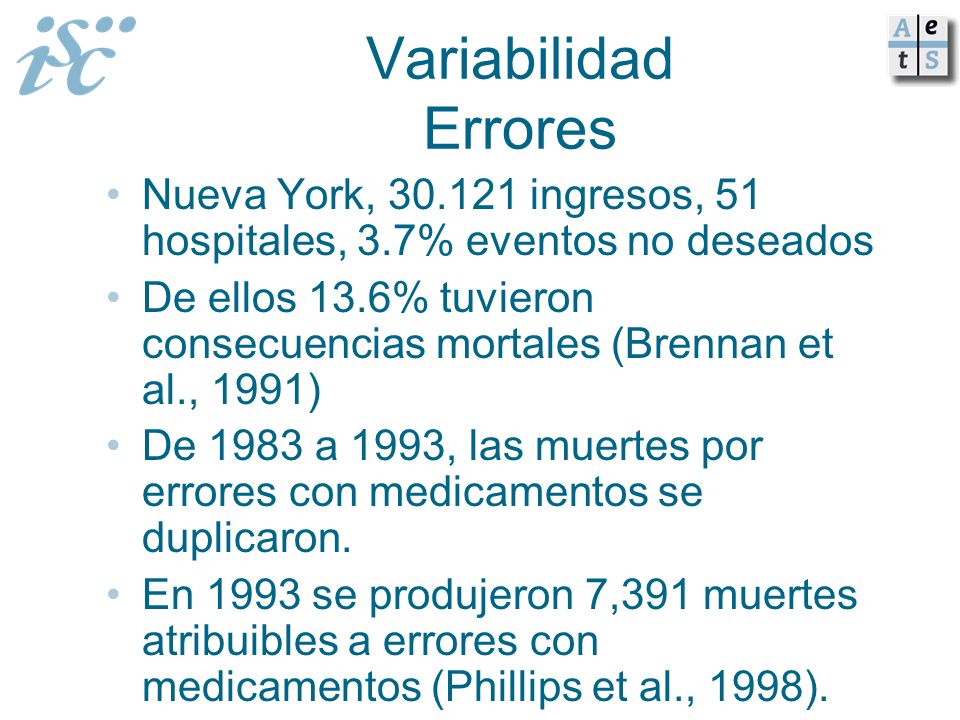 Variabilidad Errores Nueva York, ingresos, 51 hospitales, 3.7% eventos no deseados.